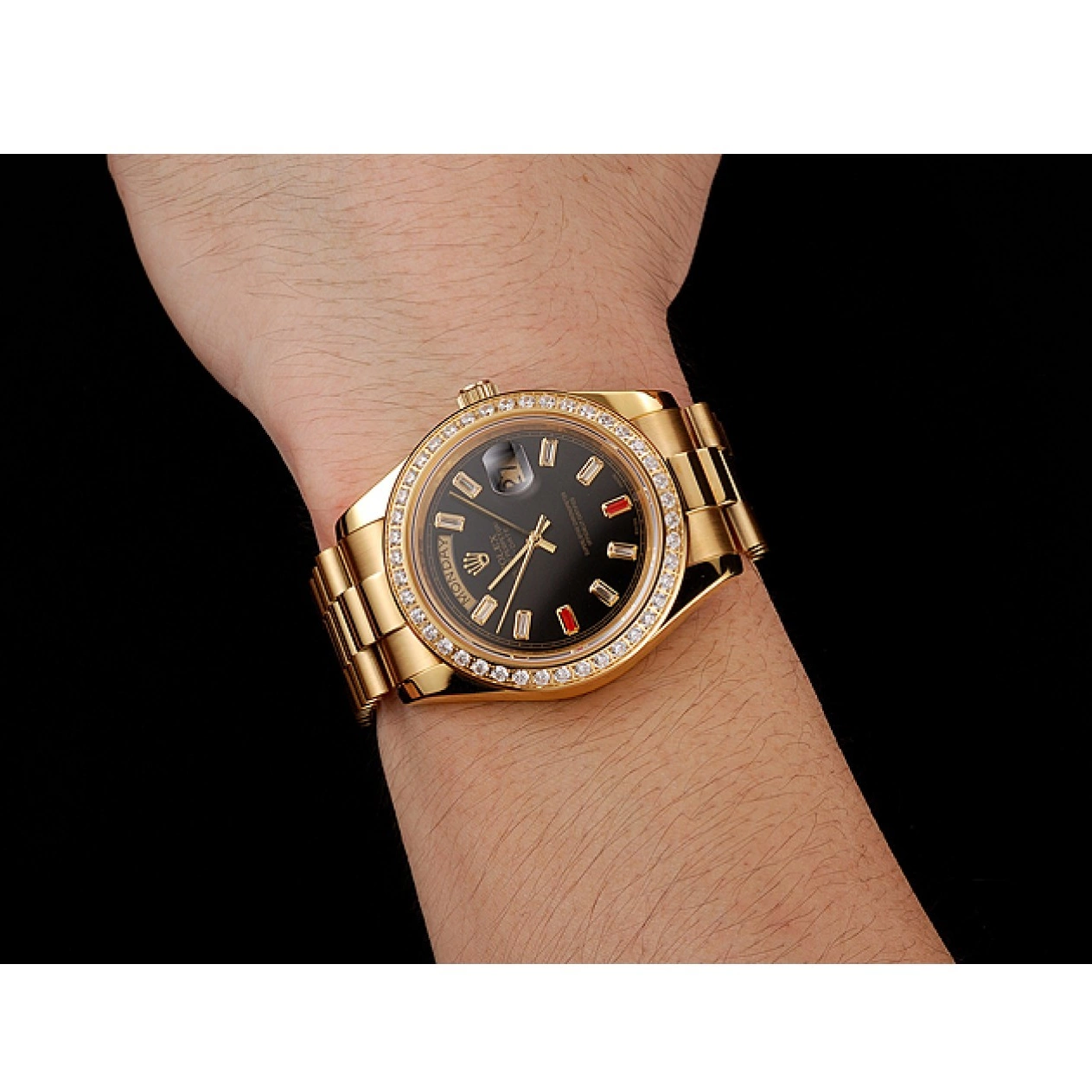 Aaa replica watch 1454101 Bracelet Dial Rolex Diamonds And Black Rubies Gold Swiss Day-Date 0518